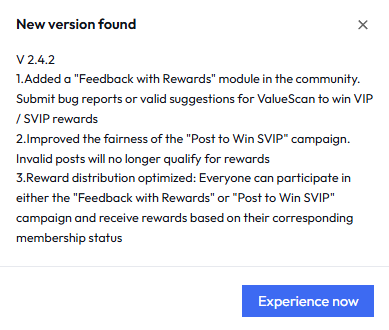 web3_valuescan's tweet photo. Live Update Now Available

New "Feedback with Rewards" module added to the community. Submit bug reports or valid suggestions for ValueScan to earn VIP / SVIP rewards.

Fairness improved for the "Post to Win SVIP" event – invalid posts no longer qualify for rewards.

Reward distribution optimized. Everyone can participate in the "Feedback with Rewards" or "Post to Win SVIP" events and receive rewards based on their corresponding status.