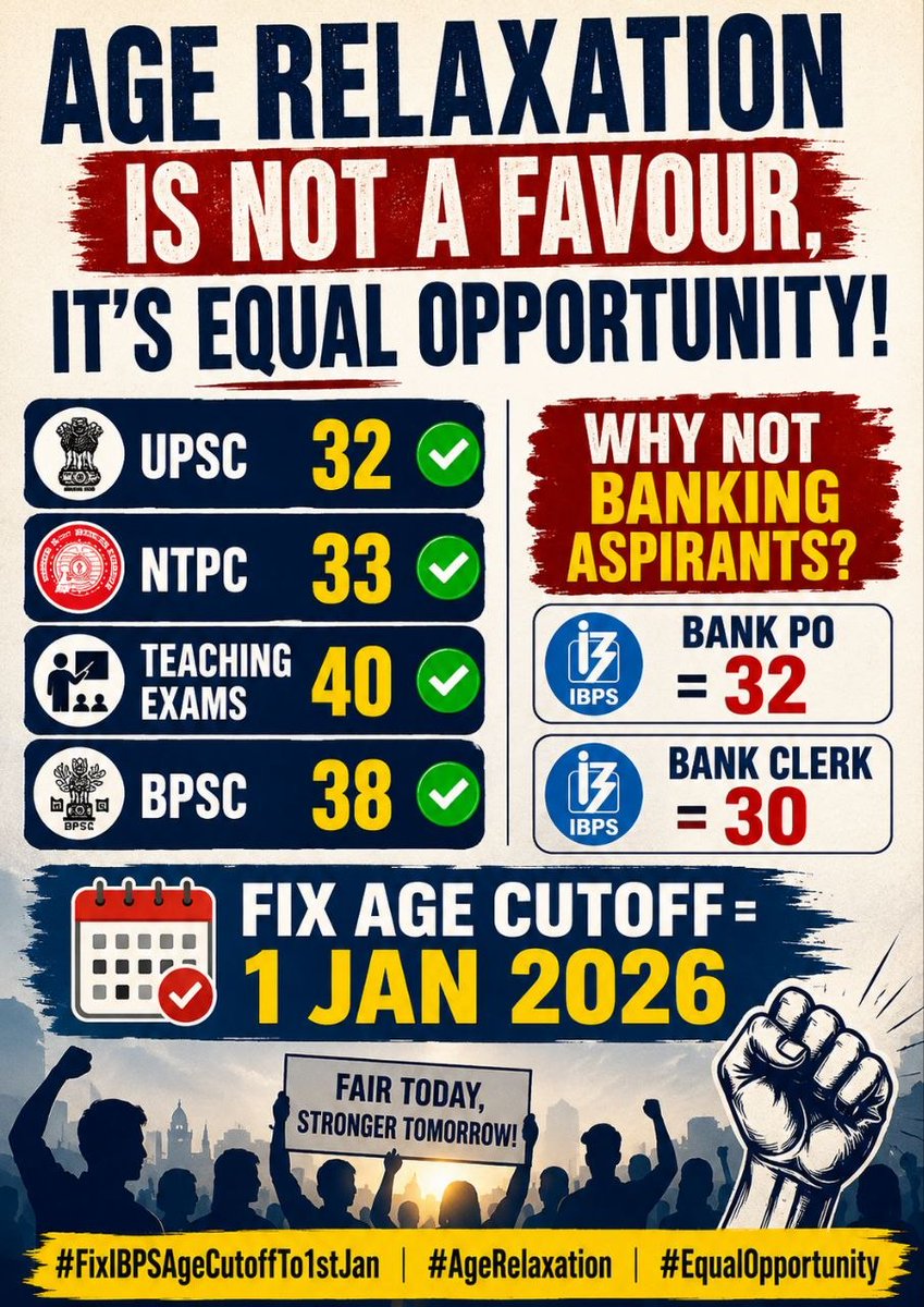 purusho40520975's tweet photo. Shifting cutoff dates unfairly eliminate deserving candidates born in certain months. Level the field with a 2-year age relaxation &amp; a standard 1st Jan cutoff. 📉 #FixIBPSAgeCutoffTo1stJan #AgeRelaxation #EqualOpportunity @DFS_India @FinMinIndia @PMOIndia @ibps_official @DoPTGoI https://t.co/sekEfD5Nyz