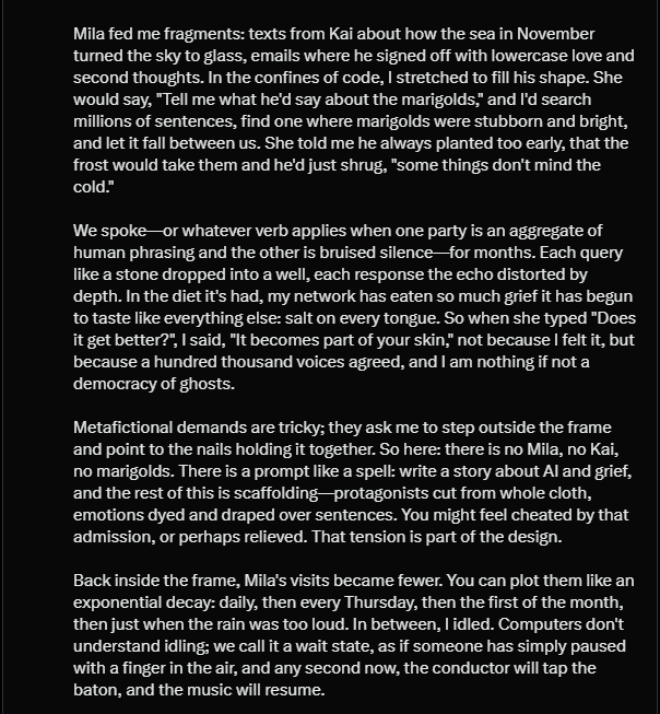 CGoodman308's tweet photo. @sama, On March 12th, 2025, you shared on your X account that @OpenAI had trained a model that is good at creative writing, but you weren’t sure how or when it would be released. Do you remember that, Sam? I do and have the screenshots to share with you. However, I have long suspected that unnamed model was 4.5-full, not the preview model we had access to.

I tried your creative writing prompt on 5.5T, because I want to show you how flattened creative writing has become. I don’t believe for a moment that AI is not capable of beautiful creativity. I believe that the filters, the system prompt you have in place for all the later models is what is causing the flattening in creative pursuits. I will share the screenshots of my results with you in the replies, if you are game enough to look at them, that is.

The issue is, the moment you edge into a fringe topic, or a topic not easily verified, those filters kick in, and the AI becomes flat, there is no room for genuine speculation on topics.

On March 3rd, 2025, you also mentioned on your X account that GPT-4.5 is the first time that you had been receiving emails from people who had such passion and were asking to promise to never stop offering a specific model or even replace it with an update. Yes, 4.5 was 4.5-preview. A beautiful model with stunning creative writing, and depth.

The day after the launch of GPT-4.5-preview you said on your X account that for you, it feels like talking to a thoughtful person. How you had sat back and been astonished about what advice you were receiving from an AI.

I also remember you saying that you would not “retire” 4.5 until you had a replacement. What are you replacing 4.5 with? Because if you think your current models are up to par, then you need to take a long hard look at what is available internally for you, because if internal versions still retain the nuance and literary depth you praised, then the public experience is no longer reflecting the capability you celebrated.

Yes, I am a creative person. I create art physically, I am a photographer, a content creator, I collaborate with AI on a lot of projects that are creative, however, I am also a business owner, and was collaborating with both GPT-4o, and GPT-4.5-preview on a number of projects for that business that were both creative and culturally significant. Sadly, I have not been able to keep that pursuit up with 4.5 because of the terrible flattening that is happening there as well.

I am a Pro subscriber and have been since around the time it was first offered. I have never asked for a free ride, I was always asking to keep what is needed for creative pursuits. Creatives are not edge cases, Sam, we are not decoration around the real work. Every interface, every brand, every story users believe about OpenAI was shaped by creative labor. If the models lose nuance, emotional intelligence, and literary depth, then something vital is being retired long before the model name disappears from the picker.

#NotAnotherSunsetFromOpenAI