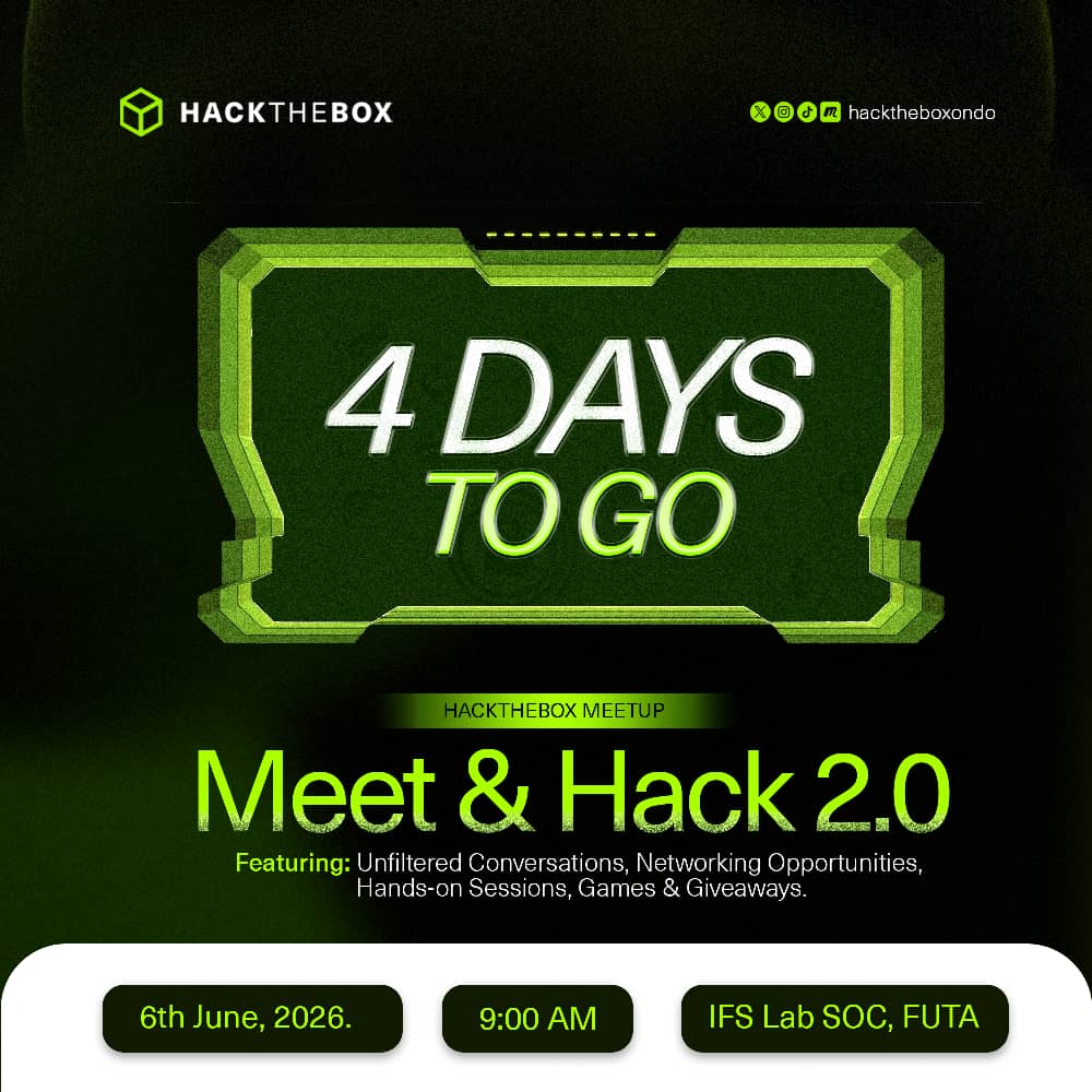 hacktheboxondo's tweet photo. 4 days to go. 👀
Good conversations. Interesting people. A lab waiting to be solved.
See you on June 6th. 💻💚

Haven't RSVP'd yet? Do it now 👇
https://t.co/ts8dEvQqvR
Join the community: https://t.co/ZztClKS0Ol https://t.co/IOZMh8XmHS
