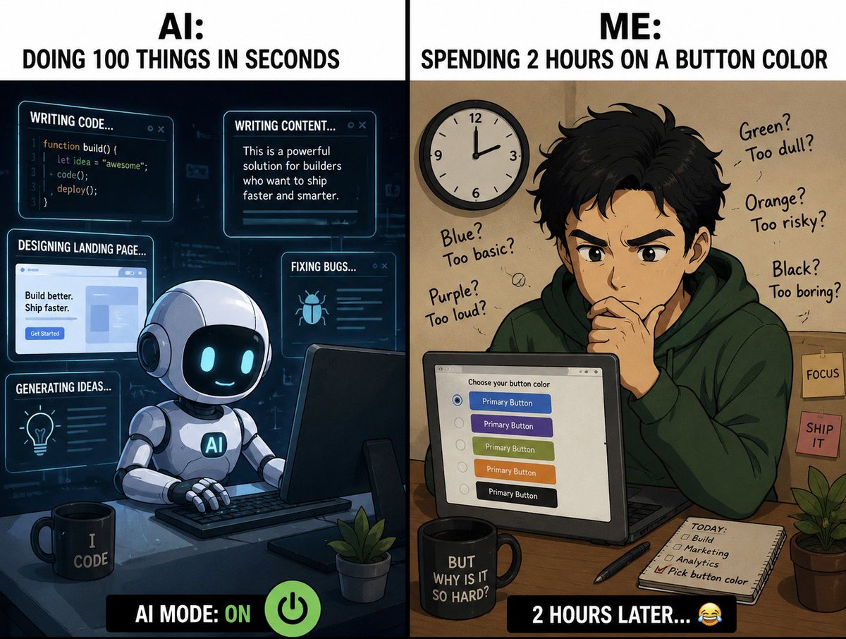 _JohnBuilds_'s tweet photo. AI can write code.

AI can write content.

AI can design landing pages.

Yet somehow I still spend 2 hours deciding on a button color.

Founder life 😂 https://t.co/787KRAXzl9