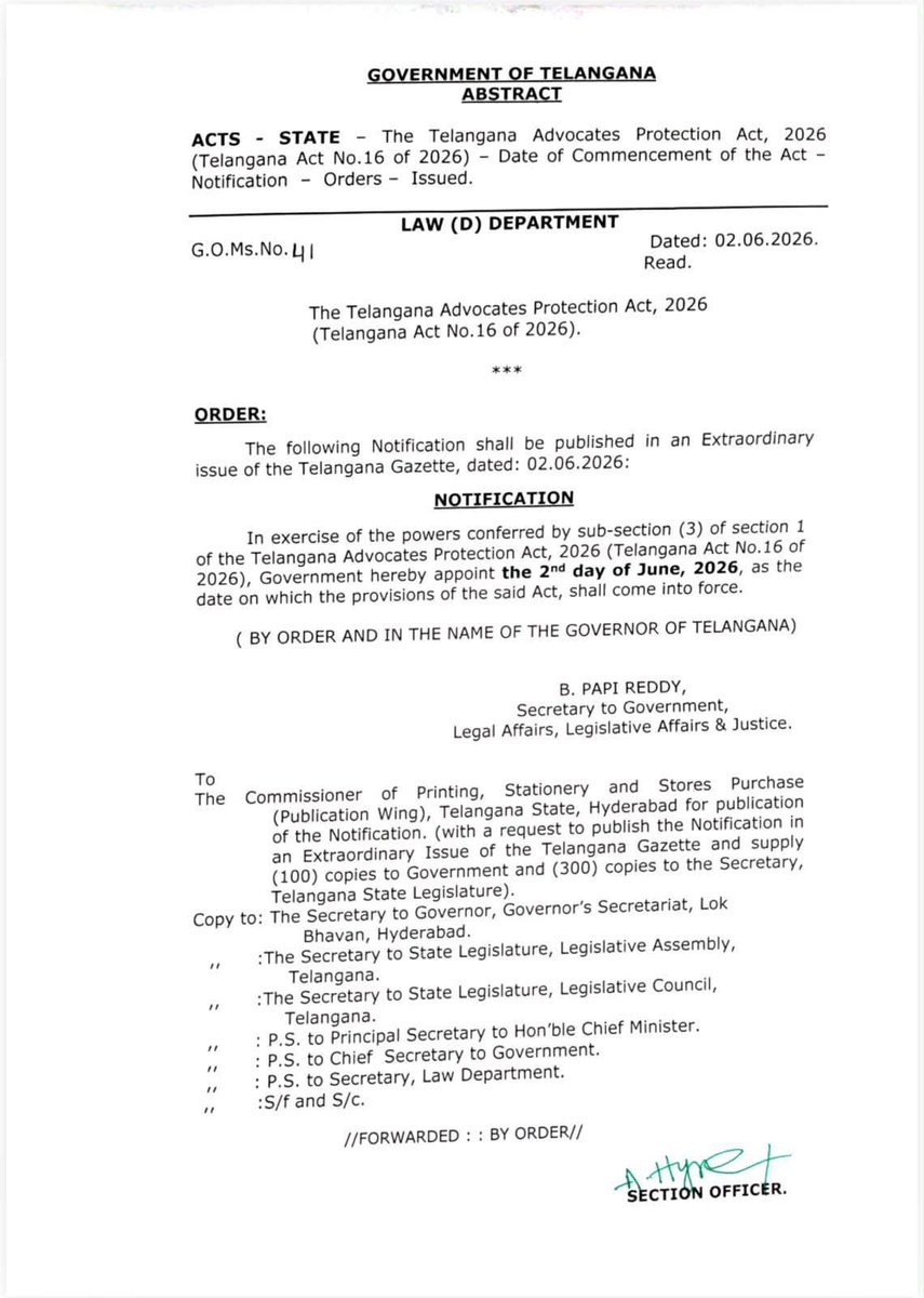 karunasagarllb's tweet photo. Historic day for the legal fraternity of Telangana. The Government has notified 2 June 2026 for implementation of the Telangana Advocates Protection Act, 2026, providing statutory protection to advocates and strengthening the administration of justice. A long-pending demand of the legal community has finally been fulfilled.
Jai Hind🇮🇳
@ANI
