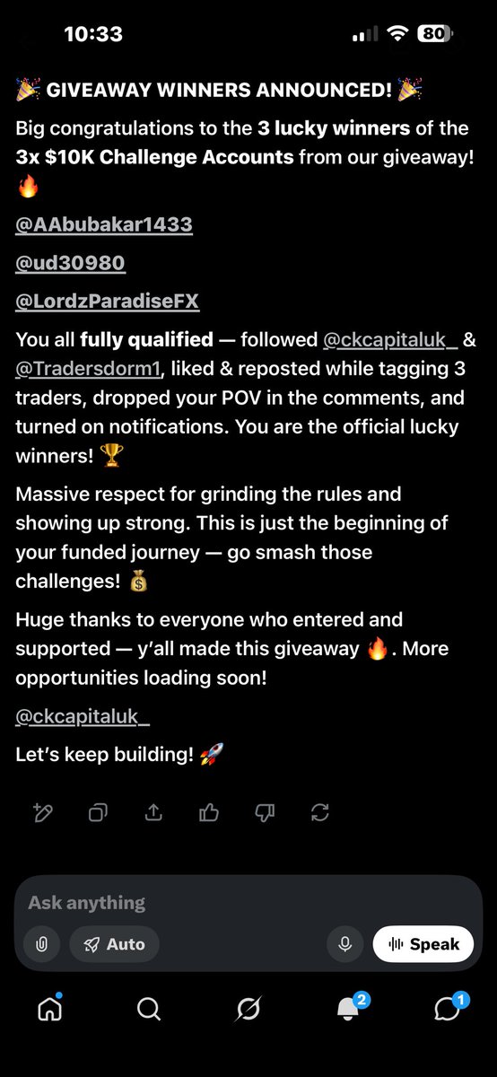 Tradersdorm1's tweet photo. 🎉 GIVEAWAY WINNERS ANNOUNCED! 🎉
Big congratulations to the 3 lucky winners of the 3x $10K Challenge Accounts from our giveaway! 🔥
@AAbubakar1433 @ud30980 @LordzParadiseFX
You all fully qualified — followed @ckcapitaluk_ & @Tradersdorm1, liked & reposted while tagging 3 traders, dropped your POV in the comments, and turned on notifications. You are the official lucky winners! 🏆
Massive respect for grinding the rules and showing up strong. This is just the beginning of your funded journey — go smash those challenges! 💰
Huge thanks to everyone who entered and supported — y’all made this giveaway 🔥. More opportunities loading soon!
Open a discord Ticket to claim ur account on 
@ckcapitaluk_
Let’s keep building! 🚀