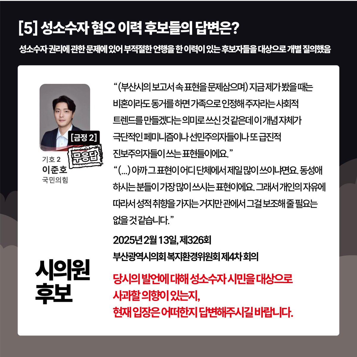 busanqueeract's tweet photo. [5] 성소수자 혐오 이력 후보들의 답변은?
성소수자 권리에 관한 문제에 있어 부적절한 언행을 한 이력이 있는 후보자들을 대상으로 개별 질의했음