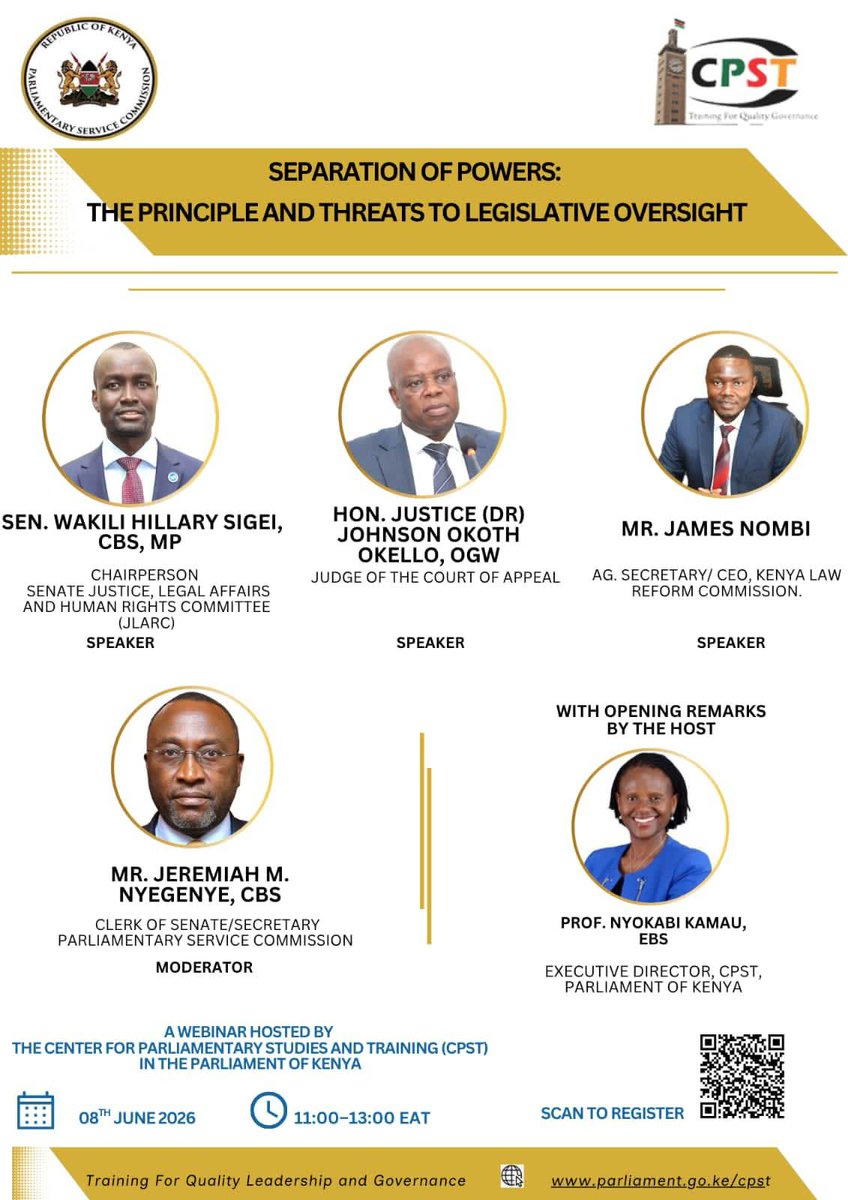 thecpst's tweet photo. Join the CPST Webinar Conference on 𝐒𝐞𝐩𝐚𝐫𝐚𝐭𝐢𝐨𝐧 𝐨𝐟 𝐏𝐨𝐰𝐞𝐫𝐬: 𝐓𝐡𝐞 𝐏𝐫𝐢𝐧𝐜𝐢𝐩𝐥𝐞 𝐚𝐧𝐝 𝐓𝐡𝐫𝐞𝐚𝐭𝐬 𝐭𝐨 𝐋𝐞𝐠𝐢𝐬𝐥𝐚𝐭𝐢𝐯𝐞 𝐎𝐯𝐞𝐫𝐬𝐢𝐠𝐡𝐭.

📅Date: Monday 8th June 2026
⏰ Time: 11:00 AM (EAT)

🔗 Register Here: https://t.co/UhEAhKPVMm https://t.co/nRidetkV4v