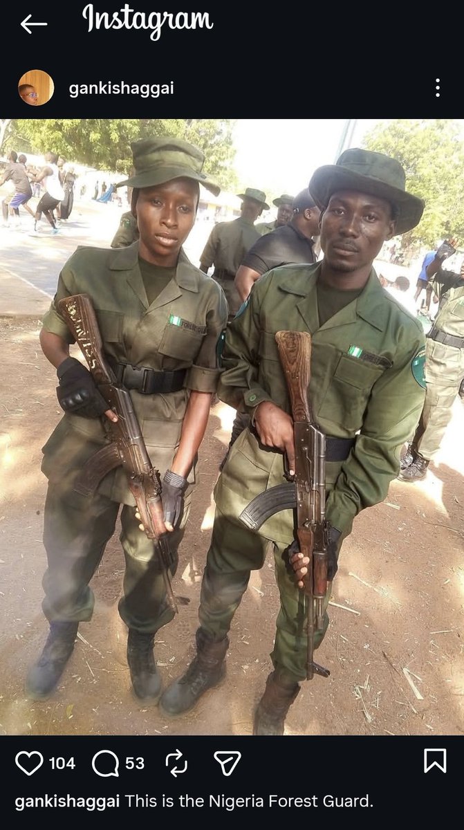 Bayo_Bilisi's tweet photo. I've been to Okomu National Reserve and I know first hand how forest guards operate.

I learnt proper use and handling of a rifle there.

They have para-military training and are reserved for emergencies too.

The difference between neutralizing animals and humans is not much.

For animals, you can target the forehead, neck, heart or anus.

Out of these four; the Anus is the most difficult but any other place from these three will take down most animals almost instantly.

You can target animals from 3 positions; standing, kneeling on one leg or laying flat on the ground.

The 2nd is the most suitable because most animals are close to the ground and you can control your recoil properly.

In all, deploying forest guards by the president was a good idea, they already have the training on weapon handling and how to survive harsh forest conditions also understanding forest terrains.

Lastly forest guards know how to read footsteps and trace missing animals in reserves.

I have a lot to write on why this is a good move by the president but I will leave it there for now.

Bayo Bilisi Ọmọ Jẹjẹ