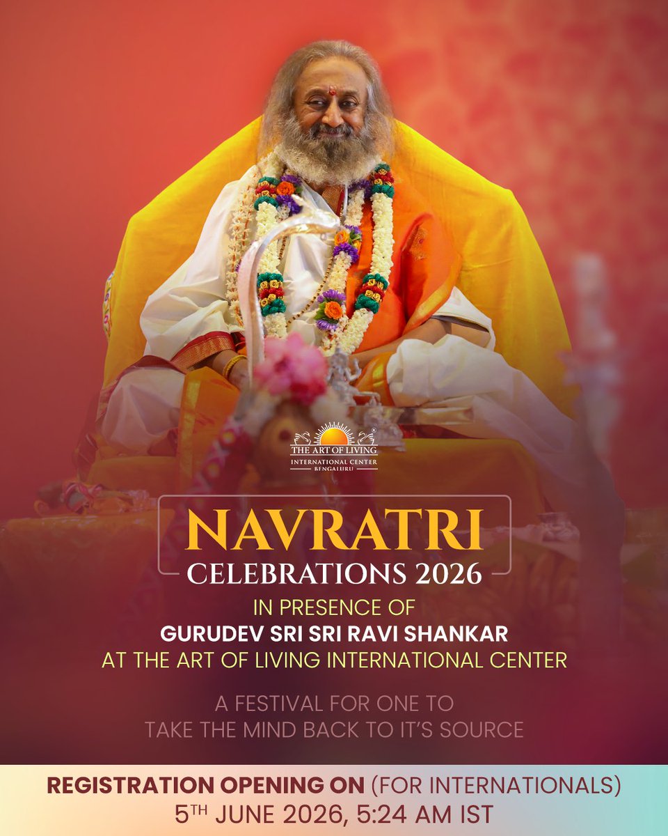 ArtofLivingIC's tweet photo. ✨ The time of the year is here!

Join us for the Navratri Celebrations 2026 in presence of Gurudev at the Art of Living International Center, Bengaluru.

Come and bask in the chants, the devotion, the wisdom, and the powerful spiritual energy that make Navratri a truly unforgettable experience. 🌺🙏

👉 Registrations for International Participants & NRIs open on 5 June 2026 at 5:24 AM IST.