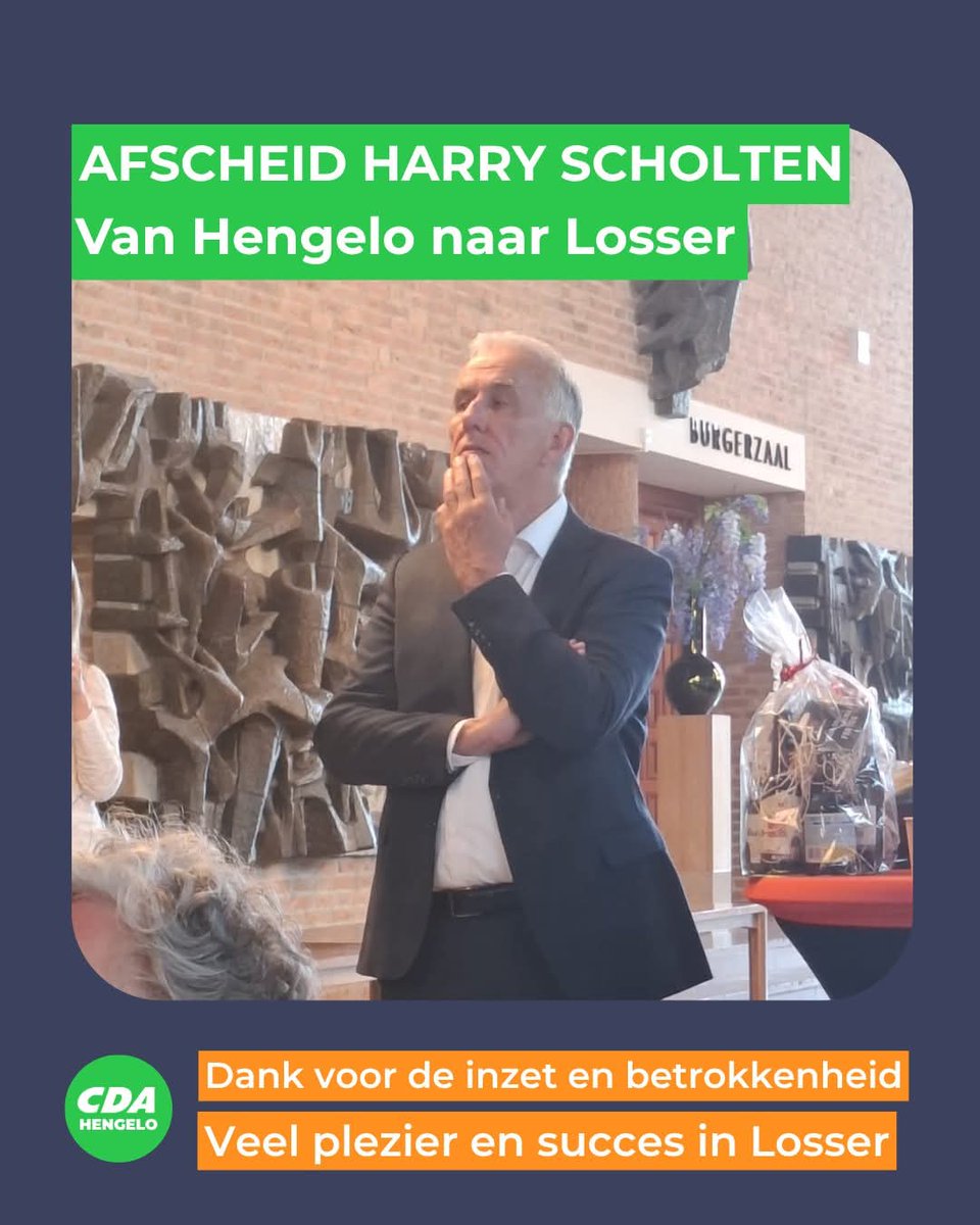 CDAHengelo's tweet photo. Vandaag namen we afscheid van wethouder Harry Scholten. In acht maanden tijd zette hij zich met veel inzet in voor Hengelo en het CDA. Kundig, nuchter, betrokken en graag gezien. 

Dank voor alles en veel succes als wethouder in Losser! 👏🍀 

#Hengelo #CDAHengelo https://t.co/q0hvSX90EA