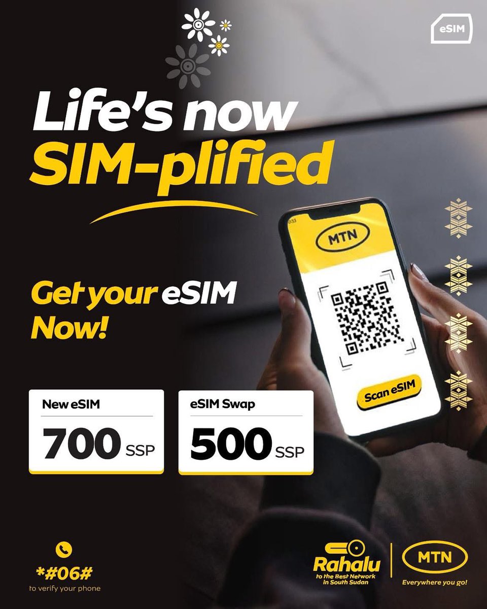 MTNSSD's tweet photo. Go SIMLESS and leave behind the pain of lost, damaged, or misplaced physical SIM cards.

Simply dial *#06# to check if your device is eSIM compatible and has an EID.

Visit your nearest MTN shop today and make the switch to eSIM.

#Switch2MTN #BestNetwork https://t.co/gt8QkOQ1ru