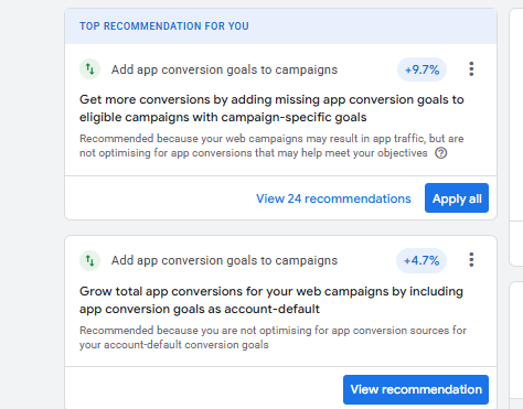 FuturisticLion's tweet photo. Don't blindly follow all the recommedation given by the Google Ads. Never Plug & Play. 

They are designed to increase the volume of signals Google can see, but in most case, those signals are noise that hides your real customers whom you want to reach.  

It will drive poor traffic to your web and app store.  Be cautious!