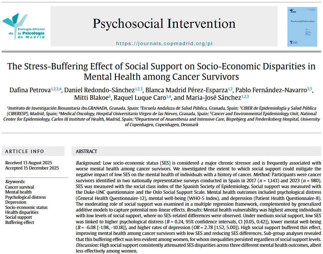 dredondosanchez's tweet photo. Nuevo artículo, publicado en @PsychosocialIn1 @Psi_CienciaCOPM.  Los supervivientes de cáncer con un apoyo social bajo presentaron mayor vulnerabilidad en materia de salud mental.

Artículo online (Open Access): https://t.co/ly929IwTPc

@DafinaPetrova @mjsanchezperez https://t.co/6b2DHSEz6d