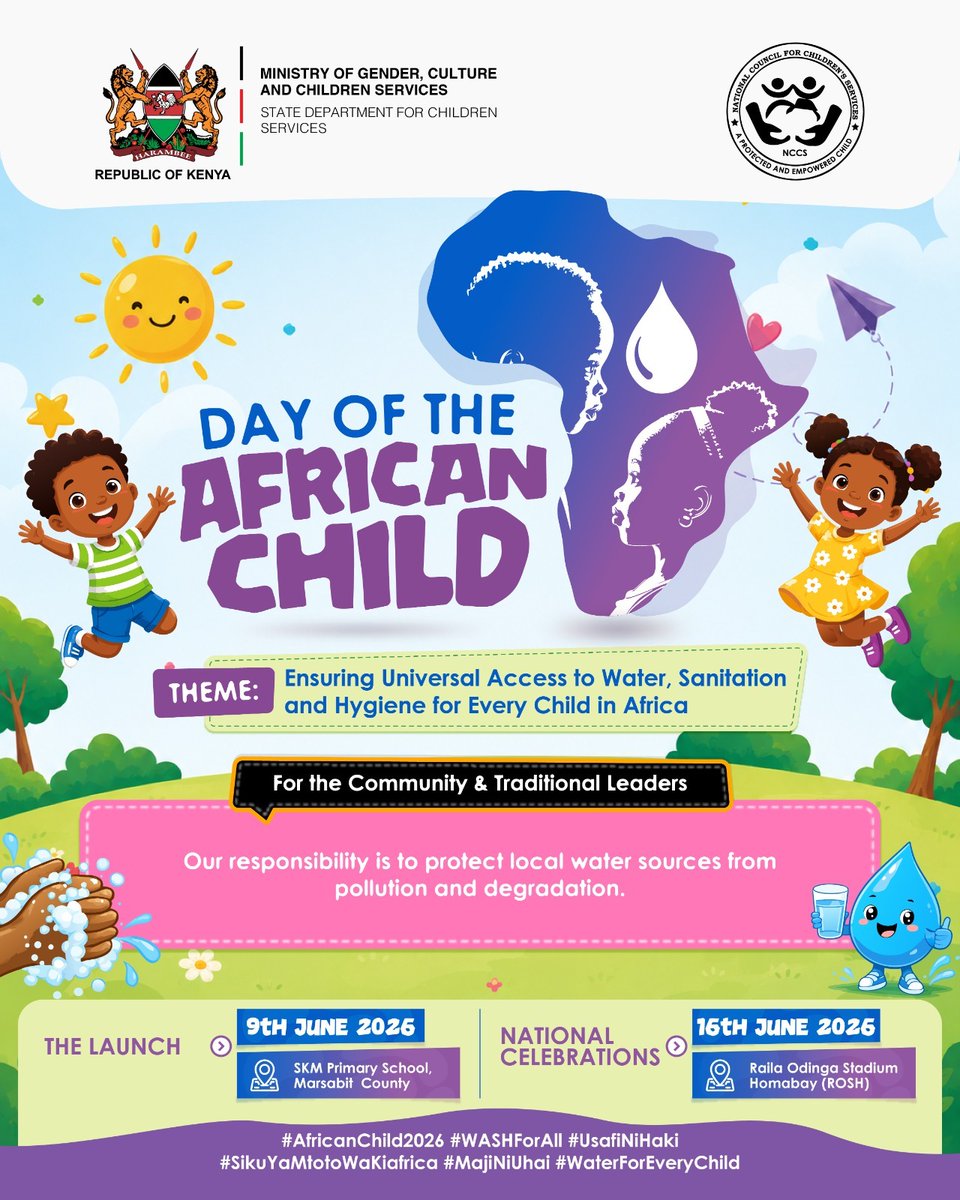 ChildServicesKE's tweet photo. To our esteemed community and traditional leaders, this year's crucial theme “Ensuring Universal Access to Water, Sanitation and Hygiene for Every Child in Africa” reminds us that our community’s cleanliness is our prosperity and health.  Clean water is not a luxury; it is a fundamental right. Your influence is the key to driving this vital change, breaking barriers, and making reliable, safe water a daily reality for every child in our care. Let us lead the way.

#AfricanChild2026 #WASHForAll #UsafiNiHaki #SikuYaMtotoWaKiafrica #MajiNiUhai #WaterForEveryChild