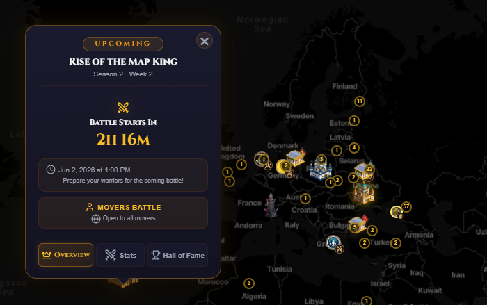 MoversMap's tweet photo. THE CONQUEST BEGINS IN 2 HOURS ⚔️
The crown is up for grabs 👑

🗺️ 24 Hours of Battle 
🏆 2,000 $MOVE Prize Pool 
⚡ Only one KING will rise above the rest

Gather your warriors, finalize your strategy, and prepare for battle. https://t.co/nk6r5GWwax
