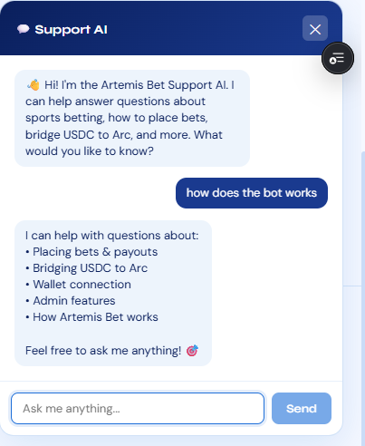 Artbets12's tweet photo. Artemis-bet Updates on @arc ecosystem

*AI Support 24/7 
*World cup matches Integrated
*Github documentation Repository
*Bridge USDC Integration

Follow for more updates and stay with us https://t.co/ewylYDCRlK