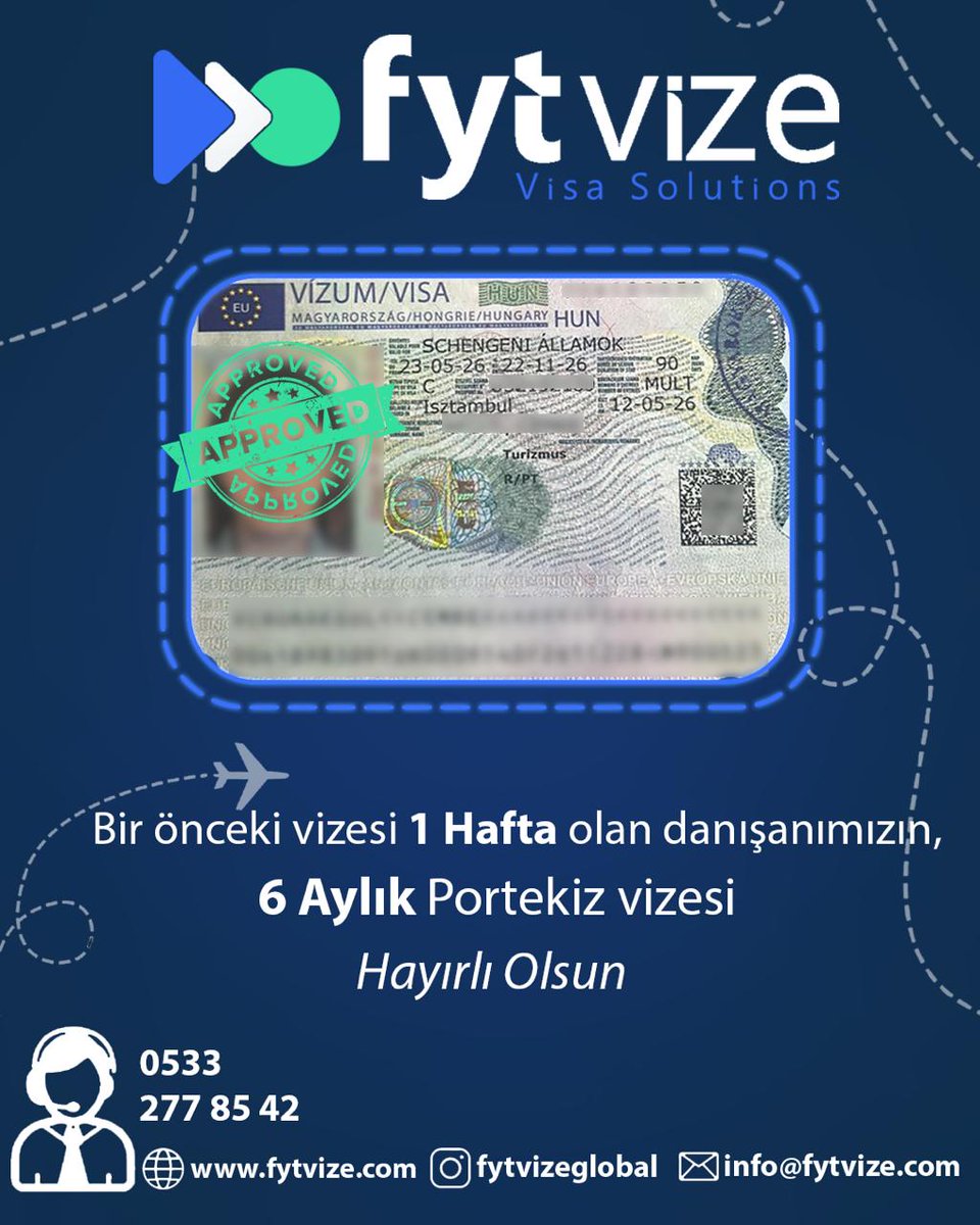 FytVizeGlobal's tweet photo. Bir önceki vizesi 1 hafta olan danışanımızın 6 Aylık Portekiz Vizesi Hayırlı Olsun!
Bu mutluluğu yaşamak isteyen herkes için yanınızdayız. 

Haydi siz de vize hayalinizi gerçeğe dönüştürelim! ✈️

📞 **0533 277 85 42** 
🌐 https://t.co/GWVnaRLdlA 
📧 info@fytvize.com https://t.co/2GFCkh2tKp