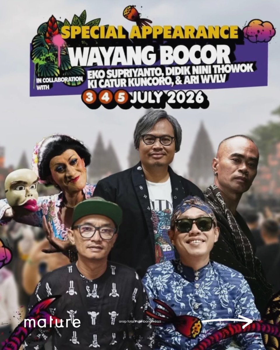 mature_idn's tweet photo. Prambanan Jazz Festival 2026
hadirkan kolaborasi karya instalasi interaktif dari @Nugroho11Eko &amp; Wayang Bocor. Mempertemukan dalang, musisi, koreografer dalam satu pertunjukan spesial.

3–5 Juli 2026 di Candi Prambanan, YK

#BeritaKolegaMature #PrambananJazzFestival #EkoNugroho https://t.co/g4BvCM9gnv