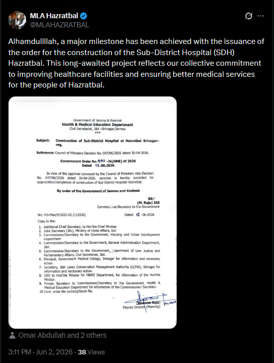 GreaterKashmir's tweet photo. Alhamdulillah, a major milestone has been achieved with the issuance of the order for the construction of the Sub-District Hospital (SDH) Hazratbal. This long-awaited project reflects our collective commitment to improving healthcare facilities and ensuring better medical services for the people of Hazratbal: @MLAHAZRATBAL