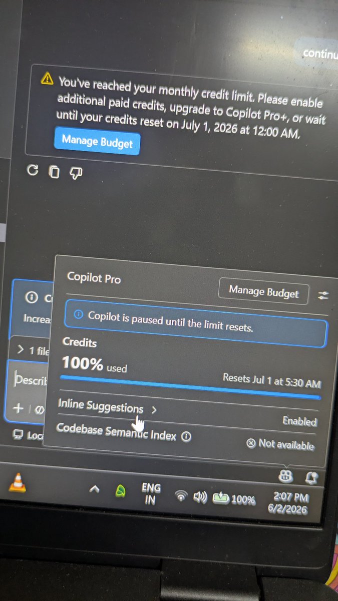 Litheesh03's tweet photo. Just gave 6 prompts and my Copilot Pro AI credits are already exhausted. @GitHub what kind of poorly configured AI credit consumption system is this? https://t.co/xd0kfhh8c1