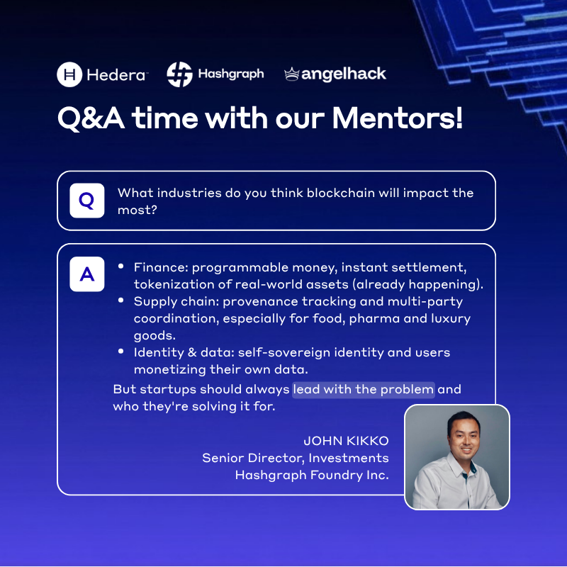 AngelHack's tweet photo. @Hedera Incubator: Mentor Q&amp;A Part 2 🔮

Tough weeks, big decisions, fast markets.
Our mentors break down how long-term builders think and which industries blockchain will transform next.

Want in on future @Hedera initiatives? ➡️ https://t.co/NvsOz24RgV https://t.co/38TBIbWgvg