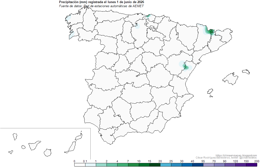 crballesteros's tweet photo. #Precipitación registrada ayer lunes 1 de junio. El máximo entre la red de estaciones automáticas de #Aemet se registró en Martinet   (Lleida) con 13,2 l/m². #ClimaEnMapas.
https://t.co/SNdAUfppJA https://t.co/fI2BzY3T4o