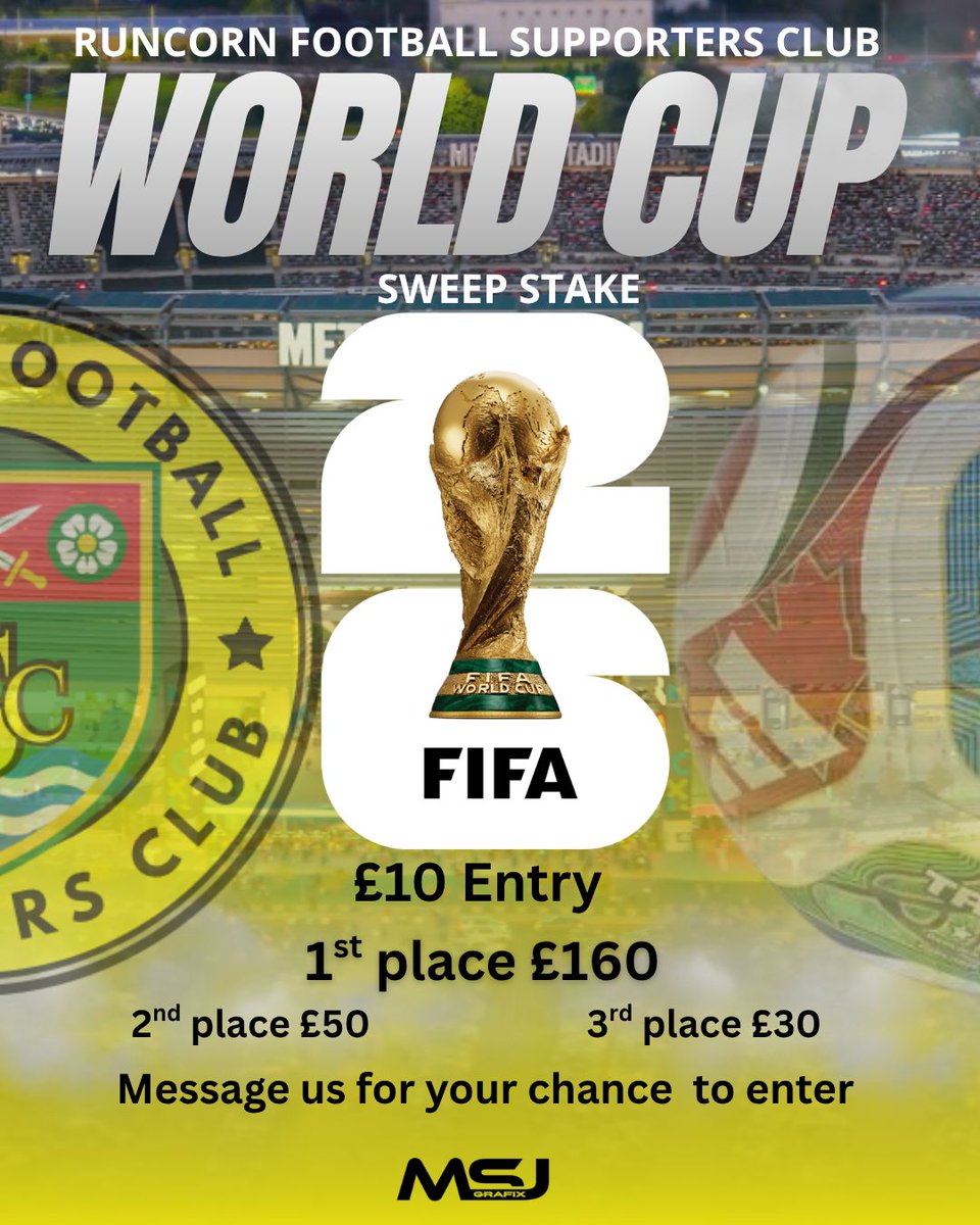 ebaxter1989's tweet photo. @RuncornSuppClub cup sweepstake. £10 entry, with prizes detailed below. Supporters club will receive £240 to help towards future ground improvements for @RuncornLinnets. If you would like a go, please get in touch https://t.co/L9rNaCkrFX