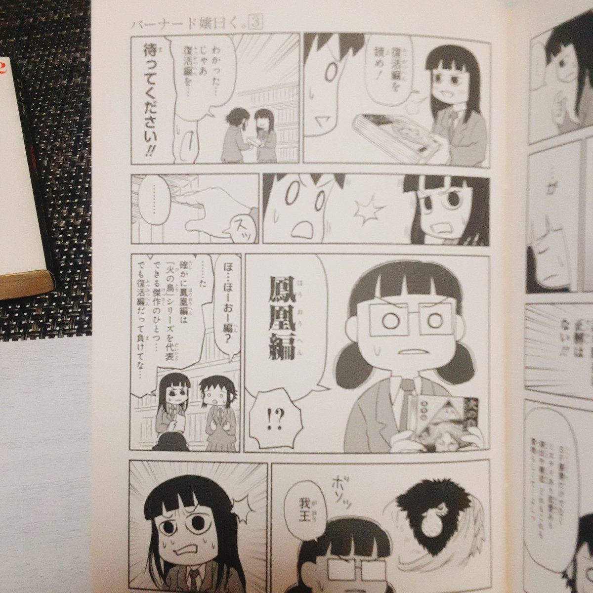 dad_wind's tweet photo. 読書好き必読マンガ「バーナード嬢曰く。」久々に読んだら
主人公町田さわこが「火の鳥ってどれから読んだらいい？」って聞いて
神林が「復活編」って薦めたら後輩がちょっと待った！と「鳳凰編」

我王vsロビタ✨やりとりサイコーじゃないか♪当然全巻持ってるからつい読み直しちゃった
手塚治虫天才 https://t.co/RSrp2ahHkc