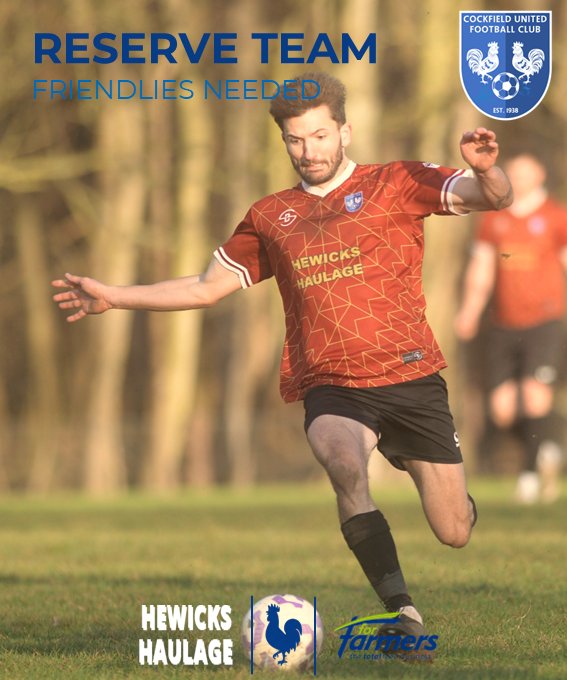 CockfieldU's tweet photo. 🐔🐔🐔 FRIENDLY NEEDED 🐔🐔🐔

Our Reserves are looking for 1 last friendly to complete their preseason schedule. 

Date required 28/07/26 🗓 - we can host or travel, happy to split costs. 

Contact us on here if interested

@suffolkfa @sil_league @E_SBorderLeague @CambsLeague

💙🐔⚽️🐔💙
