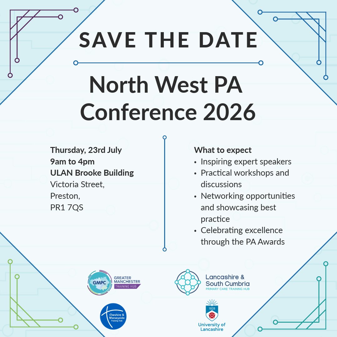 GMTrainHub's tweet photo. Join us at the North West PA Conference 2026 🎉

📅 Thursday, 23 July
⏰ 9am to 4pm
📍 ULAN Brooke Building, Preston

Expert speakers, practical workshops, networking, and celebrate excellence in primary care.

Register your interest 👉 https://t.co/KQdXIUs0UZ https://t.co/AUPJS2CrJU