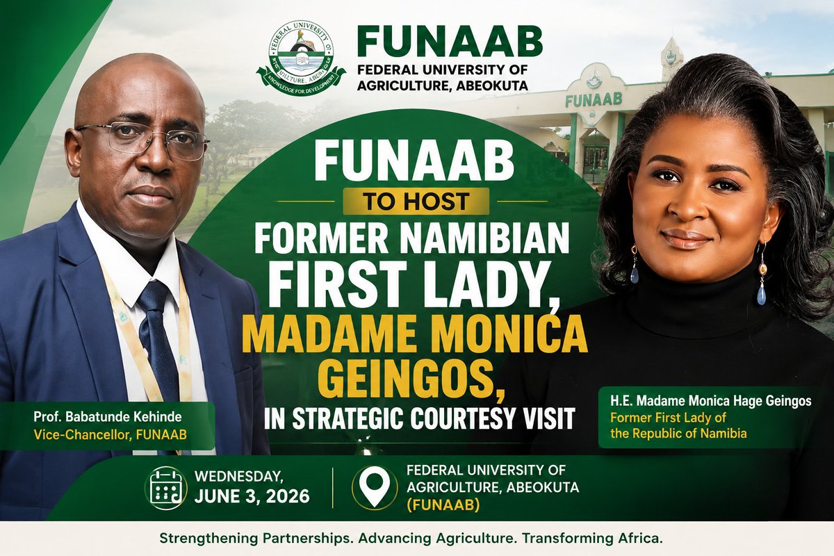 unaabweb's tweet photo. FUNAAB to Host Former Namibian First Lady Monica Geingos on Strategic Courtesy Visit

https://t.co/7dpBEAccOl

#FUNAAB #MonicaGeingos #Namibia #AfricanLeadership #HigherEducation #AgriculturalInnovation #FoodSecurity
#YouthEmpowerment #SustainableDevelopment https://t.co/YF6F2IfY5j