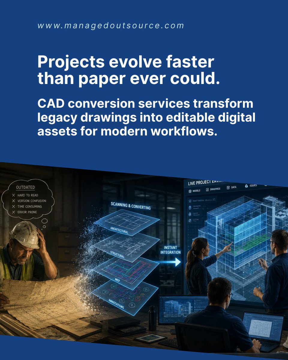 MOS_Operations's tweet photo. Paper blueprints and static drawings can slow modern engineering workflows. CAD conversion services turn legacy plans into editable digital assets for current project environments.

#CADConversion #DesignAutomation #EngineeringDesign https://t.co/Z5V335ONle