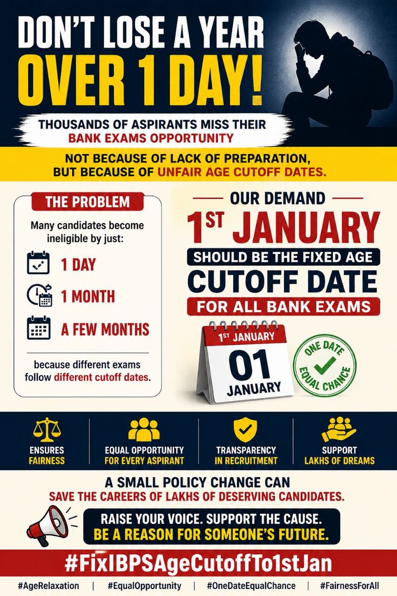 KomalBh57980245's tweet photo. Shifting cutoff dates unfairly eliminate deserving candidates born in certain months. Level the field with a 2-year age relaxation &amp; a standard 1st Jan cutoff. 📉 #FixIBPSAgeCutoffTo1stJan #AgeRelaxation #EqualOpportunity @DFS_India @FinMinIndia @PMOIndia @ibps_official @DoPTGoI https://t.co/y6Z6o1ZwJD