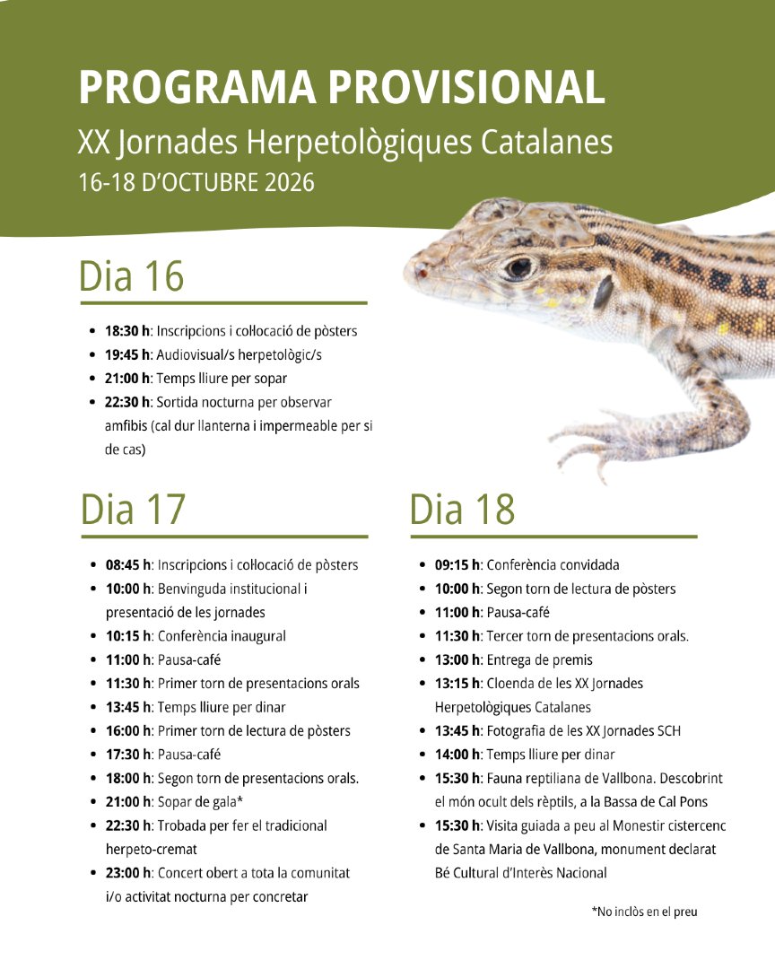 BiolegsCAT's tweet photo. 🐸 Ja us podeu inscriure a les XX Jornades Herpetològiques Catalanes! 🦎

📅 16 - 18 /10/26
📍 Vallbona de les Monges

📝 Inscripcions fins a l’1/10, tarifa reduïda fins el 31/08
📄 Enviament de resums fins al 31/7

ℹ️ Tota la info aquí: https://t.co/yTkVBzzwbS https://t.co/vgU3u78Kur