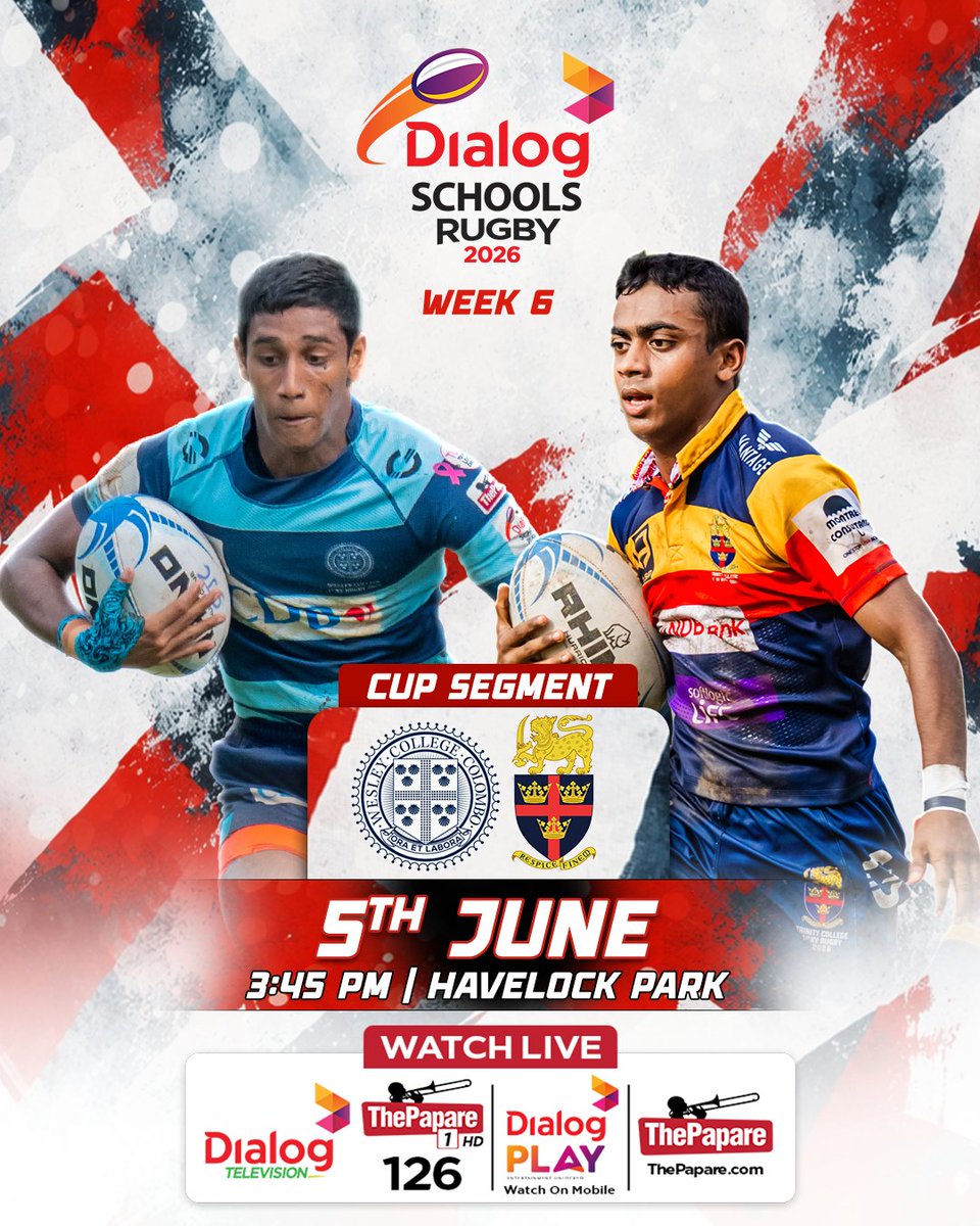 ThePapareSports's tweet photo. Havelock Park is about to witness an absolute thriller as Wesley clashes with Trinity.
Watch LIVE on ThePapare 1 HD (Dialog TV Ch. no 126), Dialog PLAY app, & https://t.co/qv14ywbXwz website this Friday.
#DSRL #SchoolsRugby #ThePapareRugby https://t.co/azNj8KI5d0
