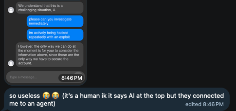 weezerOSINT's tweet photo. @666archhwh @vxunderground according to the victim they were talking to a human https://t.co/P3YIDgqR2X