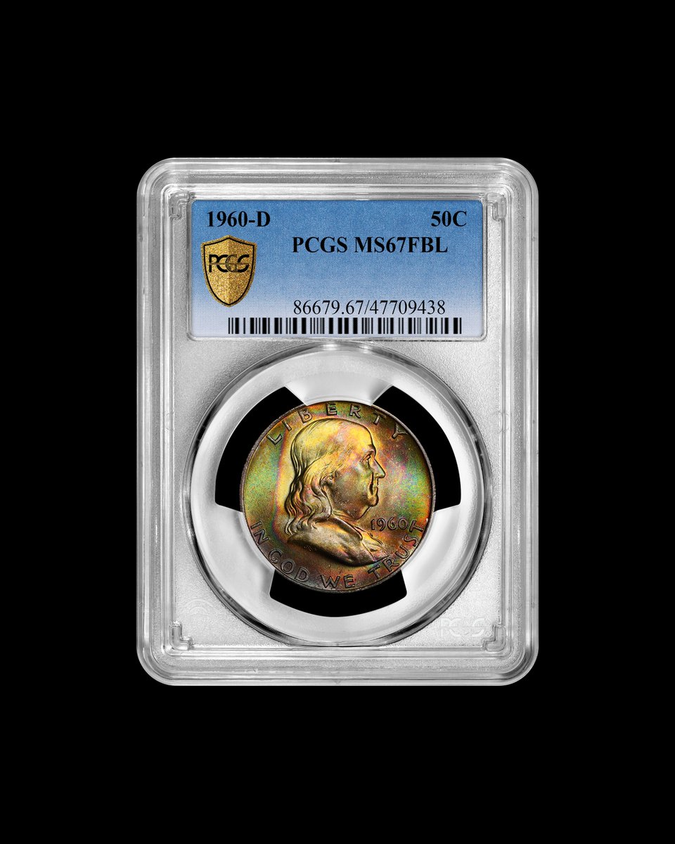 PCGScoin's tweet photo. Over 18 million 1960-D Franklin Half Dollars were minted, but finding one above MS65 is hard—and one with Full Bell Lines is even harder.

This PCGS MS67FBL defies the odds—and with rainbow toning to top it off. Drop a picture of a Franklin Half Dollar in your collection.⬇️ https://t.co/eLgCAgdbKm