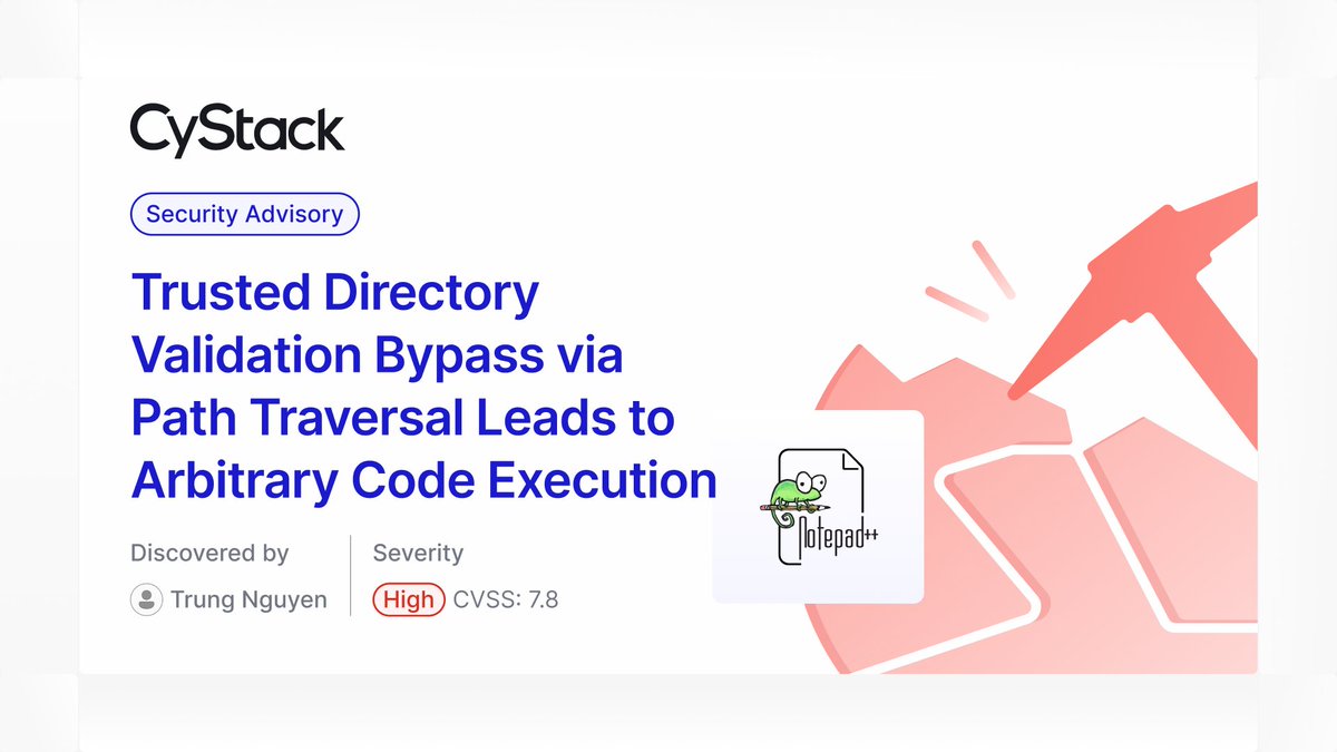 CyStackSecurity's tweet photo. 📣 ADVISORY: Trung Nguyen, security expert from CyStack discovered a Path Traversal vulnerability in Notepad++ (CVSS 7.8) enabling arbitrary code execution without any warning.  
Details: https://t.co/AHDSnQeX4P 
#CyStack #NotepadPlusPlus #CyberSecurity #Vulnerability #InfoSec https://t.co/ky7EyY3wt6