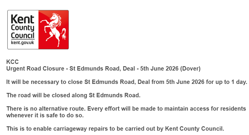 KentHighways's tweet photo. Deal, St Edmunds Road. Road closed on 5th June for 1 day for carriageway works. https://t.co/kG2k28O6AZ