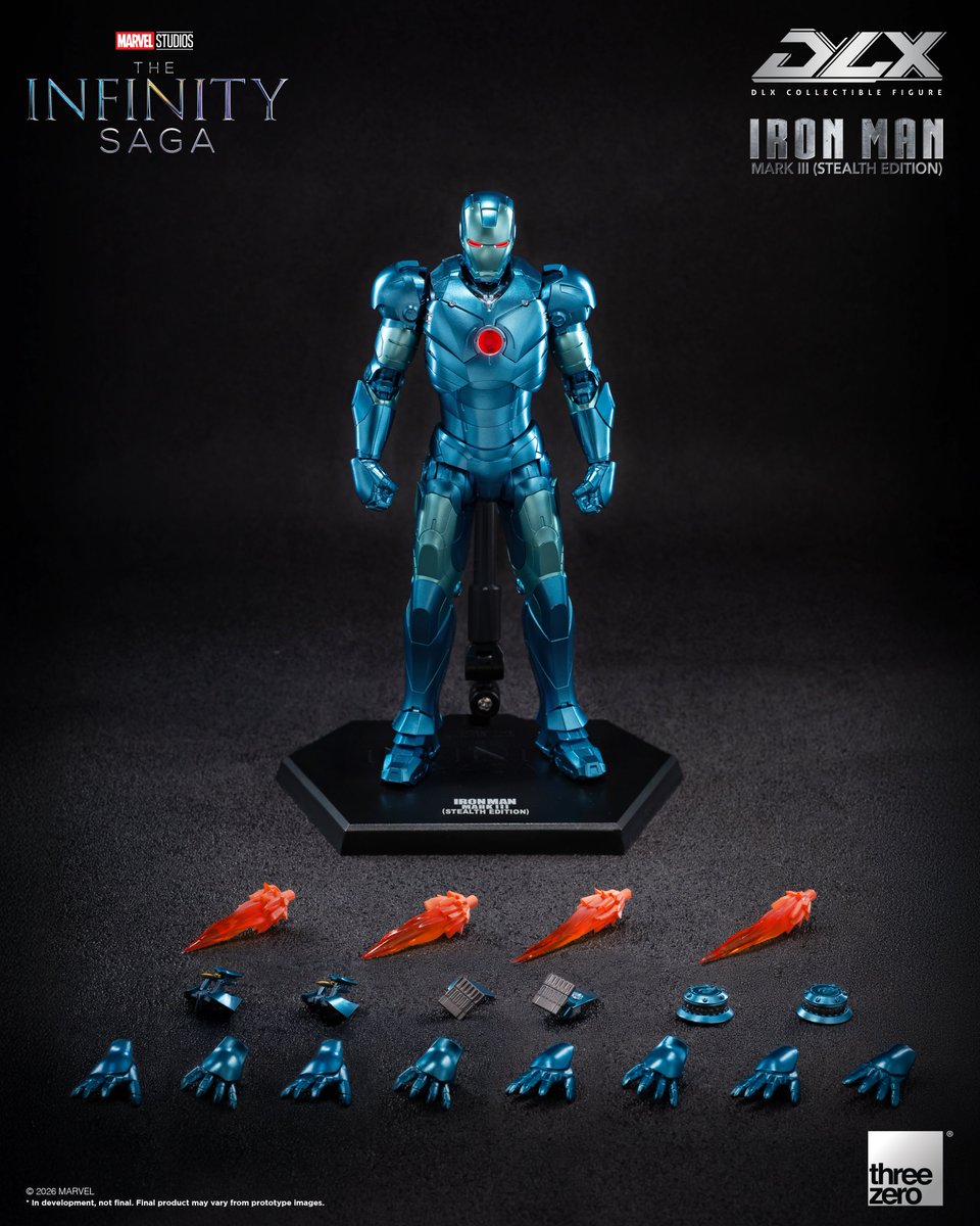 threezeroHK's tweet photo. 【Pre-order the DLX Iron Man Mark 3 (Stealth Edition) NOW!】

The DLX Iron Man Mark 3 (Stealth Edition) is now available for pre-order at threezero Store, threezero Tmall, and selected distribution partners worldwide!

Accessories for the DLX Iron Man Mark 3 (Stealth Edition) include five sets of interchangeable hands, a pair of arm missiles, two flying effects for the hands and two for the feet, a pair of Smart Micro Guns and a pair of Decoy flares that can be attached to its hip. These provide a wide variety of posing options, allowing iconic moments such as repulsor blasts and jet-powered flight to be recreated.

https://t.co/LzsZMra8BF

SRP: 99.9 USD/ 720 RMB/ 780 HKD/ 3,230 TWD/ 16,090 JPY

©2026 MARVEL

※ This item is only available in USA, Canada, People's Republic of China, Hong Kong S.A.R. and Macau S.A.R., Mongolia, South Korea, Japan, Taiwan. (Taiwan Region is included and exclusively handled by Beast Kingdom)
※ In development. Final product may vary from promotional images.

#threezero #Marvel #IronManMark3 #DLX #actionfigures