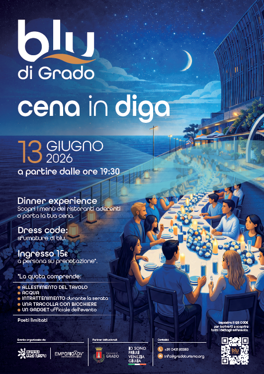 VisitFVG's tweet photo. 📅 Sabato 13 giugno 2026 Grado si trasforma in un’esperienza da vivere insieme: nasce Blu di Grado – Dinner Experience, una serata speciale tra sapori, musica e convivialità, affacciati mare.

👉 Scopri tutti i dettagli e prenota il tuo posto: https://t.co/f5RmcFSYoi

#visitfvg https://t.co/w51HQ9CERC