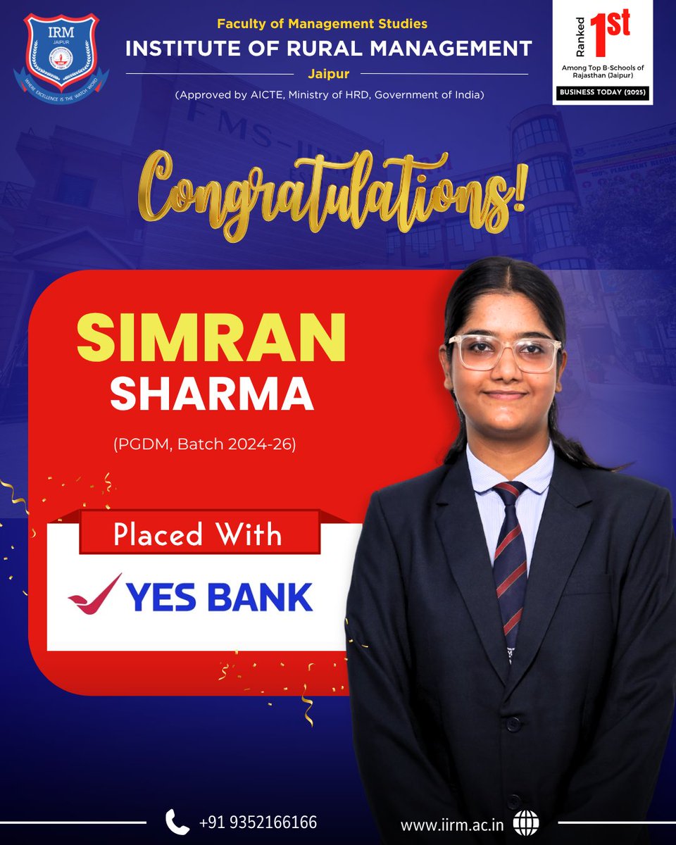 fmsirm's tweet photo. Congratulations to Simran (PGDM 2024–26) on securing placement with YES BANK. Your hard work, dedication, and perseverance have led to this well-deserved achievement. Wishing you continued success in your professional journey ahead.

#FMSIRM #IIRM #campusplacement #MBAcollege https://t.co/wSqqqCELix