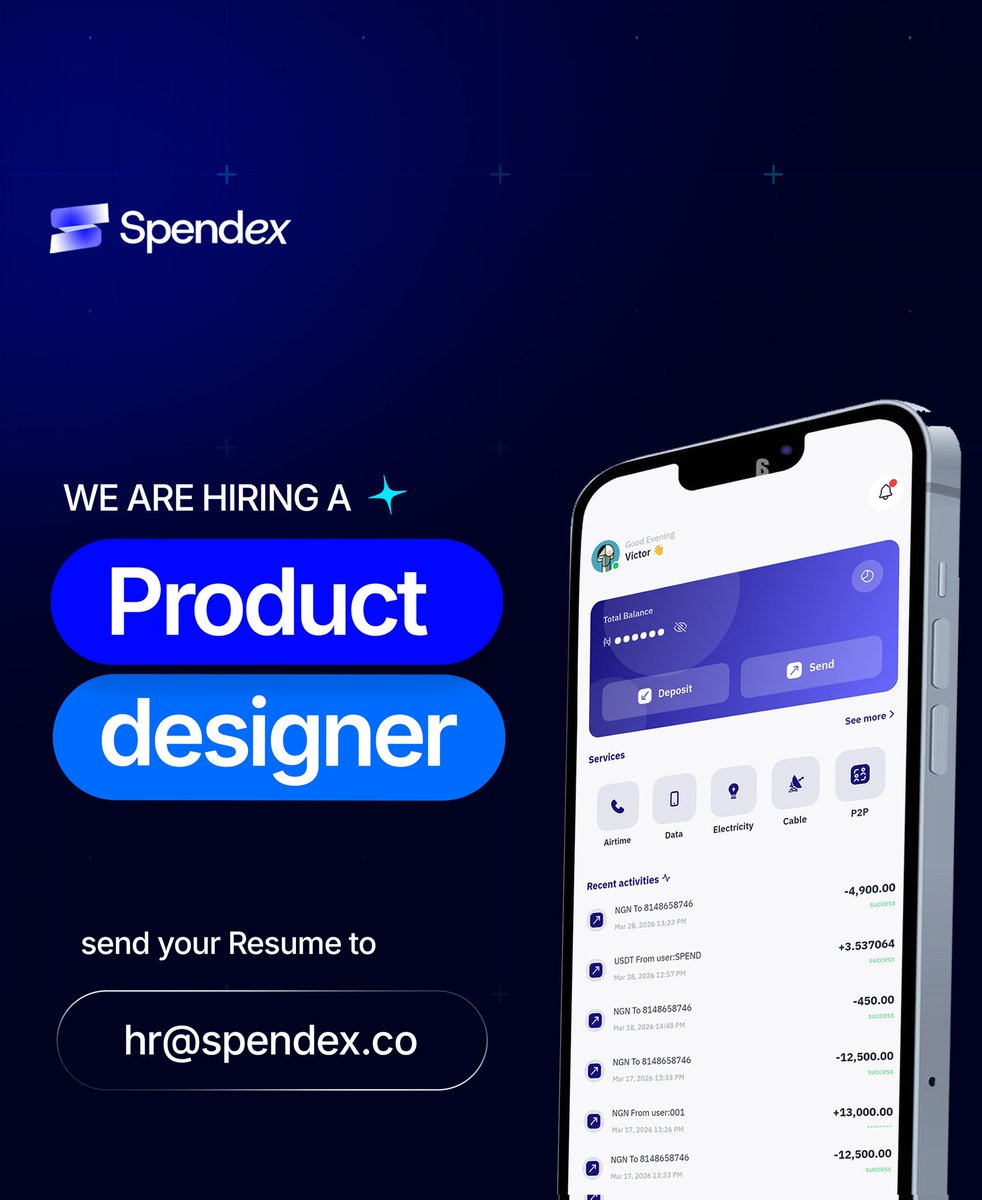 spendexhq's tweet photo. Spendex is hiring a Product Designer.

We're looking for an experienced and talented designer with a strong eye for user experience and product thinking.

Experience in fintech and/or Web3 is a strong advantage.

Interested candidates should send their CV, portfolio, and relevant details to hr@spendex.co.