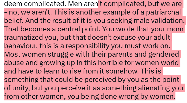 TeamRobsten21's tweet photo. @Madame_Ennui Examine why you don't caterogize men in such extremities. I doubt that your male friends never said in passing cruel/crude things, sexist terms and misoginistic actions. But women are the ones you struggle to build connection with, they are the ones you deem complicated. https://t.co/ZnxPXuhQw0