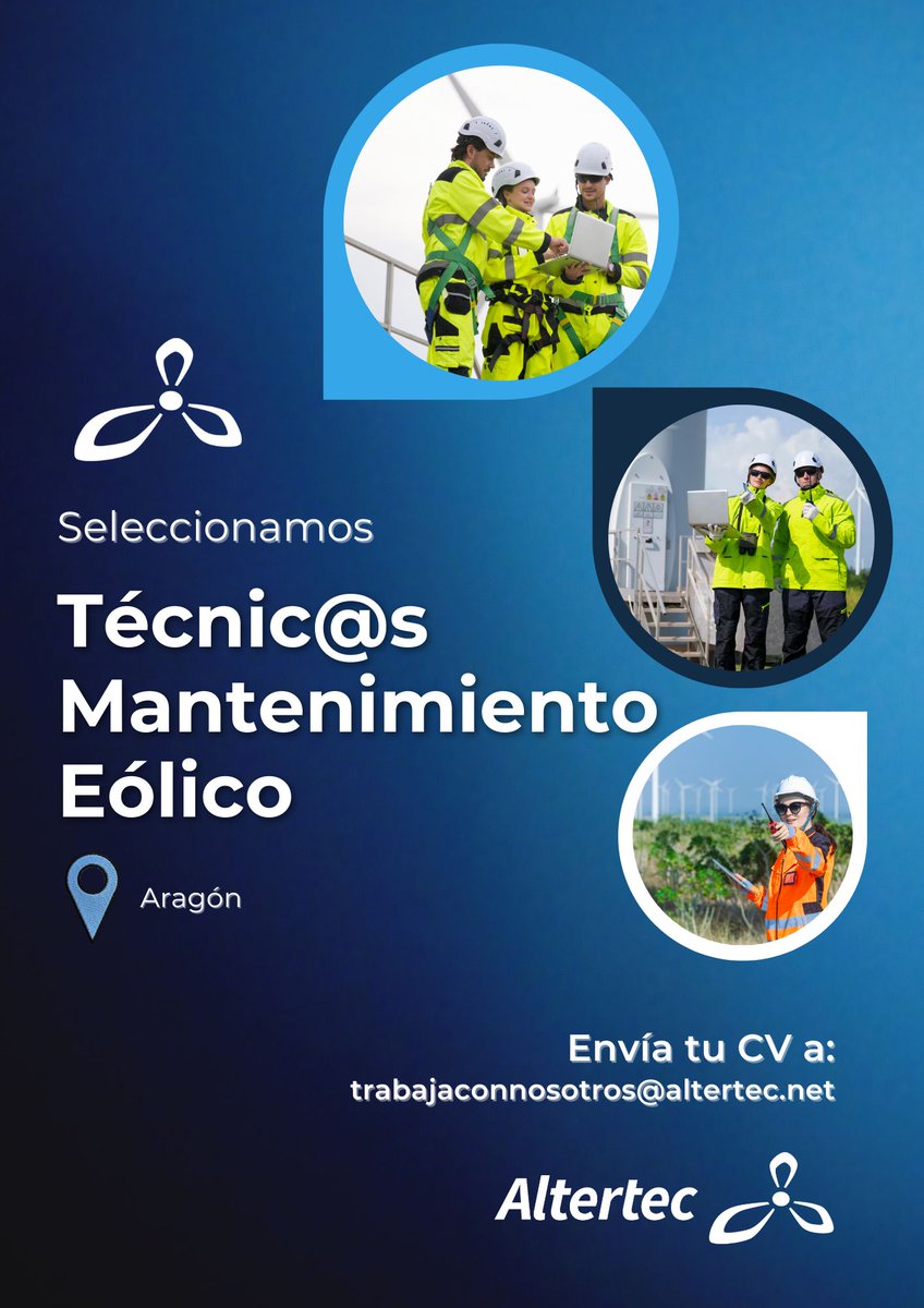 Altertecspain's tweet photo. 🌬️ En Altertec ampliamos equipo en Aragón.
Buscamos Técnicos/as de Mantenimiento Eólico para trabajar en la fiabilidad y seguridad de los aerogeneradores.
📩 Envía tu CV: trabajaconnosotros@altertec.net 🔗 Inscríbete: https://t.co/Dm3HhtGVHT
#Empleo #MantenimientoEólico https://t.co/4AX2Cpy7ac