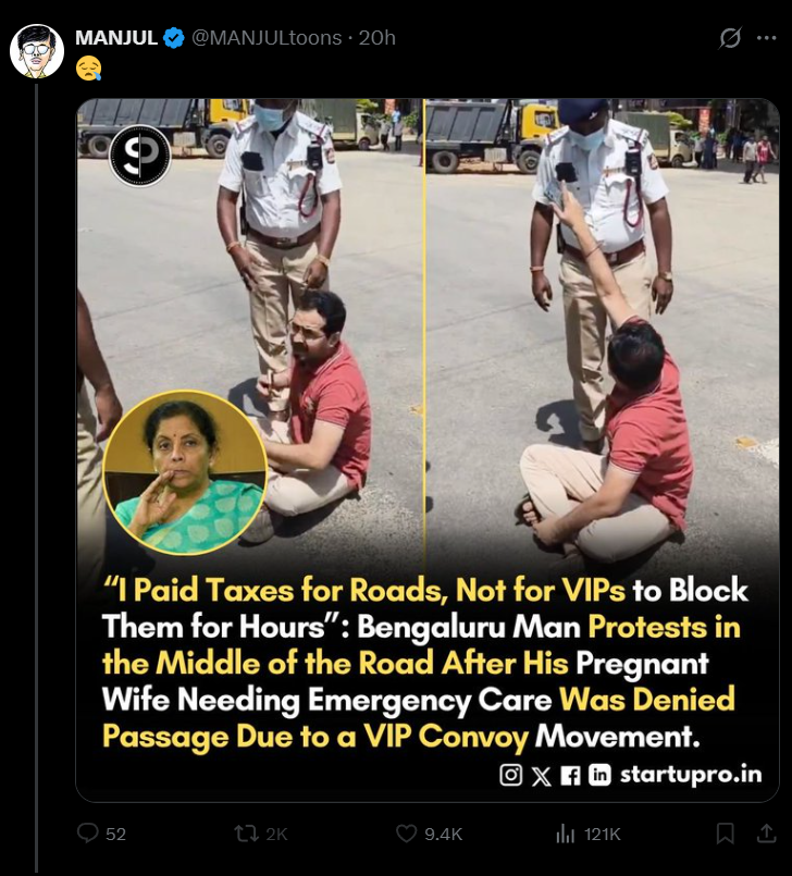 rishibagree's tweet photo. It’s a Congress-ruled Karnataka state problem, not a central one. Sold-out cartoonist Manjul, why not use Rahul Gandhi's or Siddaramaiah’s photo? 

Why target the FM who travels around in just one car -Maruti Ciaz? https://t.co/fYITagkTUM