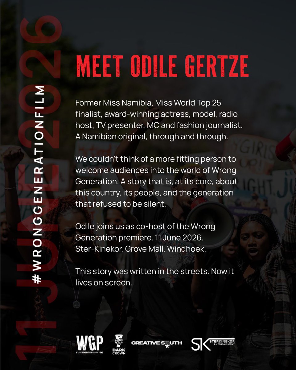 Ndiilo_Nthengwe's tweet photo. 🔴⚫️ Meet the host. 

Odile Gertze: former Miss Namibia, Miss World Top 25 finalist, award-winning actress, model, radio host, TV presenter, MC and fashion journalist. A Namibian original, through and through.

We couldn’t think of a more fitting person to welcome audiences into the world of Wrong Generation. A story that is, at its core, about this country, its people, and the generation that refused to be silent.

Odile joins us as co-host of the Wrong Generation premiere. 11 June 2026. Ster-Kinekor, Grove Mall, Windhoek. 🔴⚫️

#WrongGenerationFilm #OdileGertze #MeetTheHost