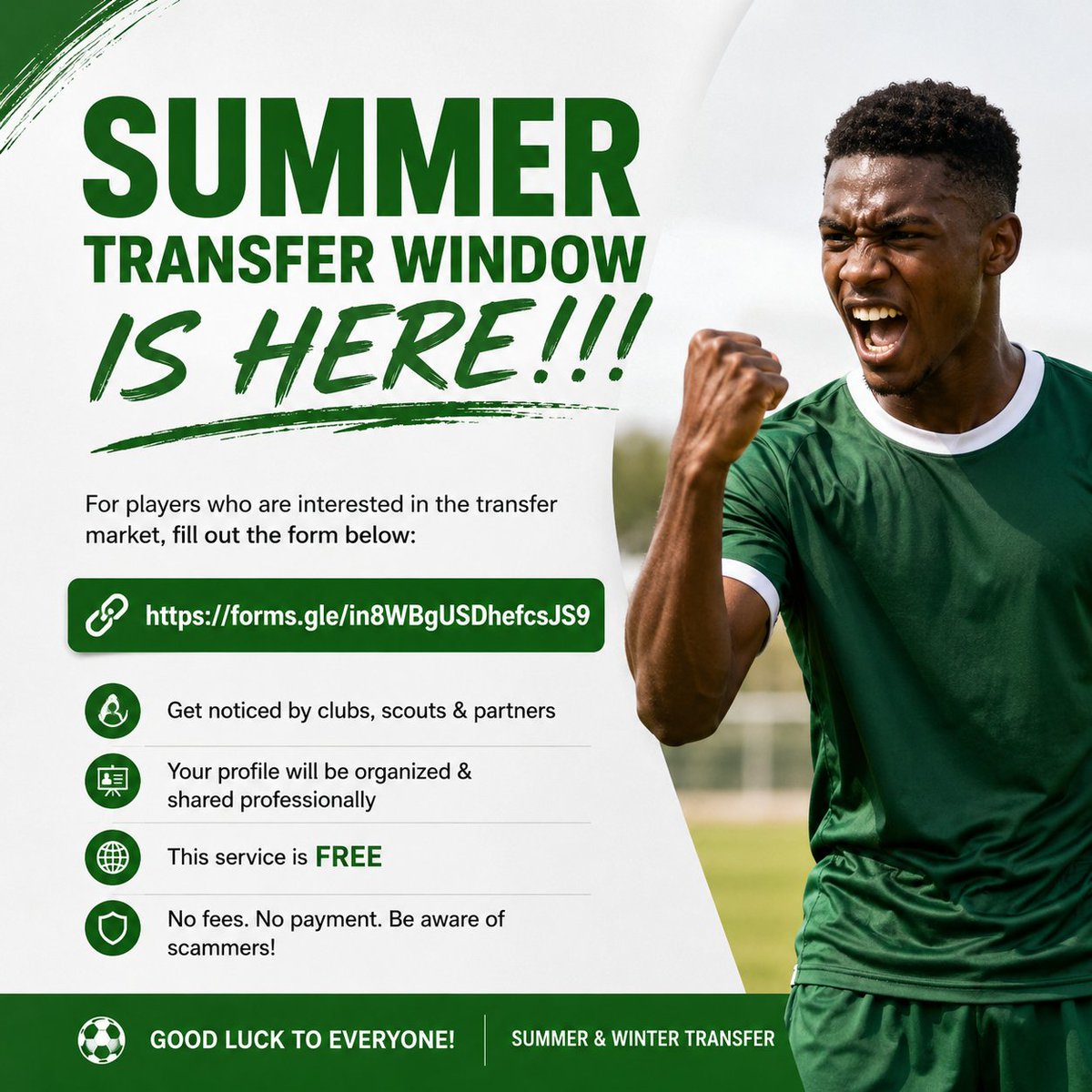 Dojran2021's tweet photo. 🚨 Summer Transfer Window is Here!!! 🚨

I’ve received so many requests from players asking for clubs for tryouts or help sending their profiles to clubs. I’ve had agents reaching out about talented players they want to transfer, scouts asking me for players, and clubs requesting player recommendations.

So I decided to come up with an idea.I’ll be posting a Google Form link. https://t.co/myiP41LbJq
where any player interested in the transfer market can fill in their details. I will then create a player presentation/database, categorized by positions: strikers, midfielders, defenders, goalkeepers, etc. and share it with clubs, scouts, agents, and partners within my network.

My sports network has spanned over 20 years in the business and cuts across thousands of people in football and sports globally agents, coaches, scouts, club directors, and decision-makers.

Most importantly: THIS SERVICE IS FREE.

I charge absolutely nothing.

If anybody sends you a message claiming to be from me, claiming they got information from me, or asking you to pay money for tryouts, club opportunities, selections, or transfers, DO NOT PAY.

I repeat: DO NOT PAY.

Even if the person claims to be directly from a club, once payment becomes a condition, I strongly advise against it. If you choose to pay anyone despite this warning, I will not be responsible, and I will not be a party to it.

I will share player profiles with my partners, clubs, and contacts  for free.

My advice to players:

✅ Upload a good video link
✅ Use a clear, full-body picture
✅ Create a professional football CV
✅ Be honest do not exaggerate your ability, age, experience, or achievements
✅ Add your Transfermarkt link if you have one

I’ll also be working with local scouts and content creators to highlight players over time not only here on Twitter/X, but also on LinkedIn, WhatsApp, and other platforms where scouts, clubs, and agents actively search for talent.

For players, scouts, and agents interested, please follow me because more updates will be coming. Some opportunities may require me to publicly announce when players have been selected or when clubs are requesting specific profiles.

Please follow, share, and spread this to players who need opportunities.

Wishing everyone the very best of luck. ⚽

P.S. This initiative will be used for both summer and winter transfer windows.

IMPORTANT: Players involved in age cheating, falsification of documents, identity manipulation, or any form of dishonesty will be immediately removed from the database and blacklisted from future opportunities.

https://t.co/myiP41LbJq

https://t.co/ztpbeputLi
