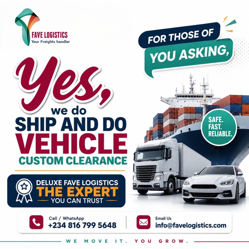 favelogistics_'s tweet photo. Still asking if we ship and handle vehicle customs clearance? Yes, we actually do. Deluxe Fave Logistics provides reliable shipping and professional vehicle customs clearance services you can trust, to find out more, kindly call or whatsapp us at +234 816 799 5648. https://t.co/v8UBaScg5C