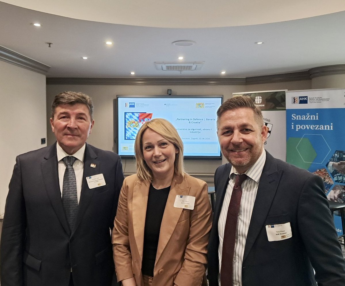 GerAmbHR's tweet photo. U vrijeme globalnih izazova, europska suradnja je odlučujuća. Na 1. konferenciji „Partnerstvo u obrani – Bavarska i Hrvatska“, predstavnici politike, znanosti i gospodarstva iz 🇩🇪 i 🇭🇷 raspravljaju o zajedničkim projektima i perspektivama jačanja europske obrambene sposobnosti. https://t.co/H1RP4oyoNQ