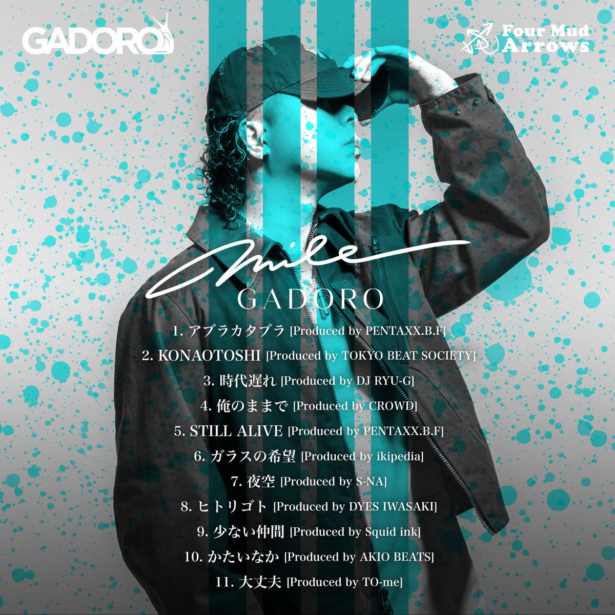 four_mud_arrows's tweet photo. GADORO
ニューアルバム『mile』は
📣2026年6月17日(水) リリース📣

💿 CD予約開始
https://t.co/jWlFGVfTz2
🎧 Streaming / DLはリリース日までお待ちください！

収録曲
1. アブラカタブラ [Produced by PENTAXX.B.F]
2. KONAOTOSHI [Produced by TOKYO BEAT SOCIETY]
3. 時代遅れ [Produced by DJ RYU-G]
4. 俺のままで [Produced by CROWD]
5. STILL ALIVE [Produced by PENTAXX.B.F]
6. ガラスの希望 [Produced by ikipedia]
7. 夜空 [Produced by S-NA]  
8. ヒトリゴト [Produced by DYES IWASAKI]
9. 少ない仲間 [Produced by Squid ink]
10. かたいなか [Produced by AKIO BEATS]
11. 大丈夫 [Produced by TO-me] 

Artwork & Designed by @NOVOLZE 
Photo by @EasySqueeze1986 

@GADORO1next 
@dj_hitoshi 
@boochan2929M 

#mile #newalbum #gadoro #djhitoshi
#mxnist  #fourmudarrows