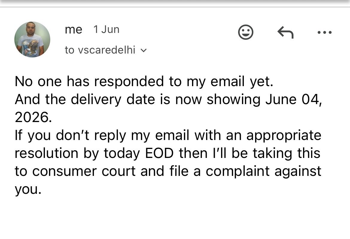 lionricks's tweet photo. @VijaySales could please explain your behaviour here?
Highly unprofessional.
Now, on app delivery date is June 05th.
01.
Promised date was May 31 at the time of purchase.
After multiple request to cancel and refund the still not cancelled. https://t.co/wt0OKoO2DK